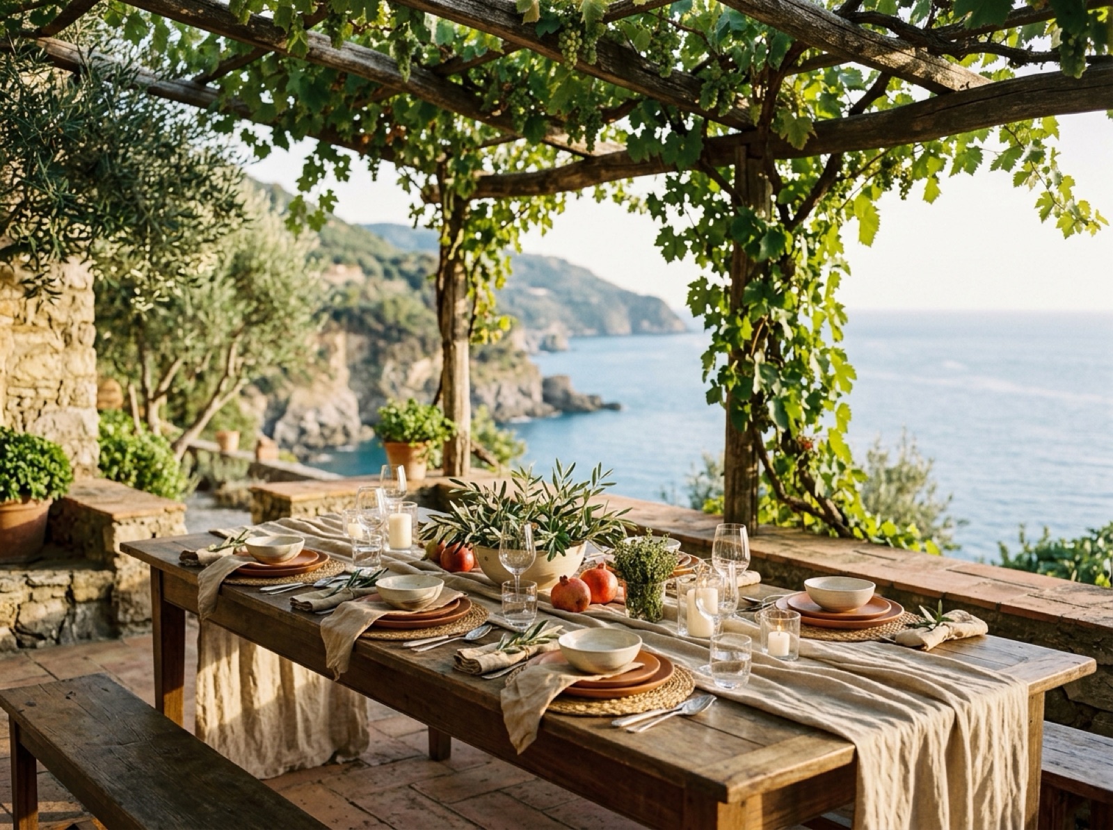 Sunlit al fresco dining terrace by the sea with tables set for lunch