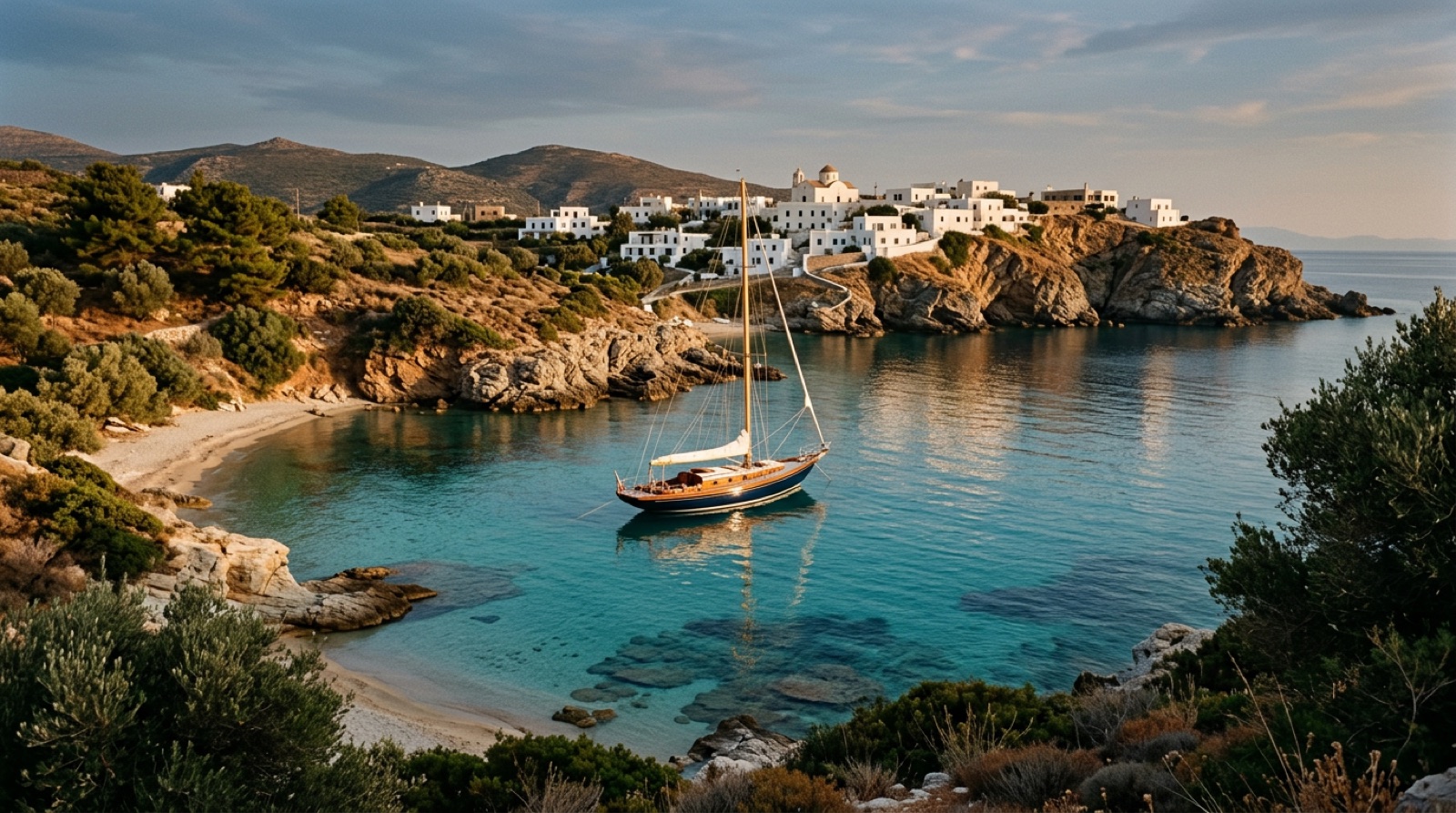 Turquoise cove with a sailboat at anchor near a sunlit coastal village