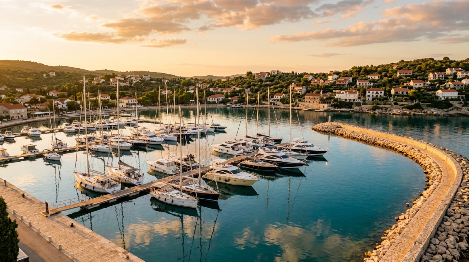 Marina filled with yachts at golden hour, seen from above